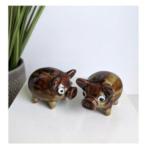 Vintage Ceramic Brown Flow Glaze Pigs Salt & Pepper Shakers Japan